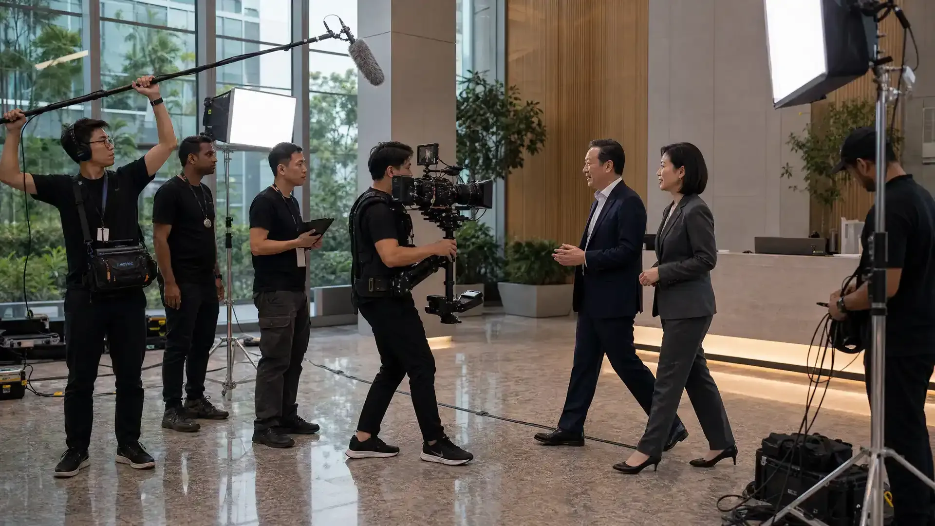 Offing Media crew filming a corporate video in a Singapore office lobby