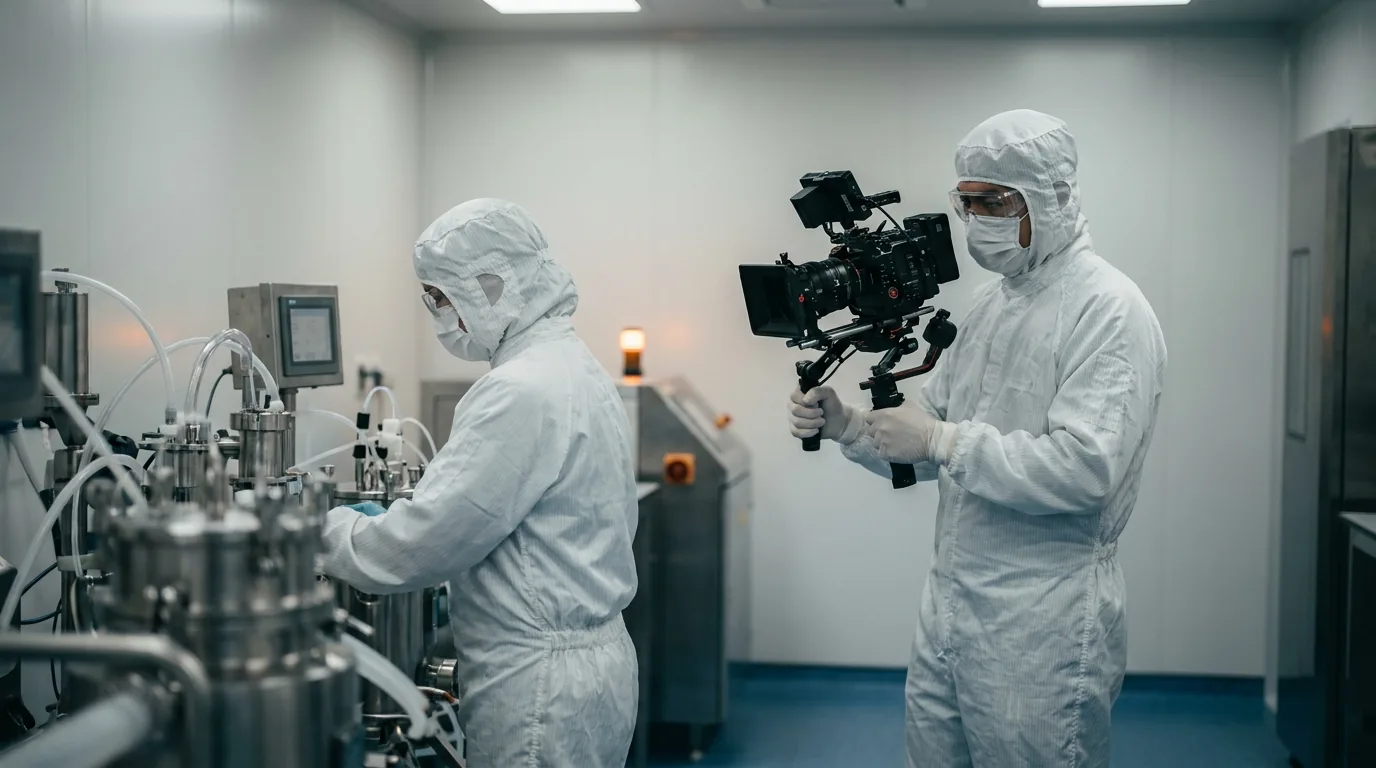 Offing Media crew filming a corporate video inside a pharmaceutical cleanroom in Singapore